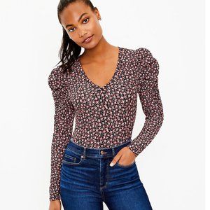LOFT Floral Puff Sleeve Top in Black and Pink